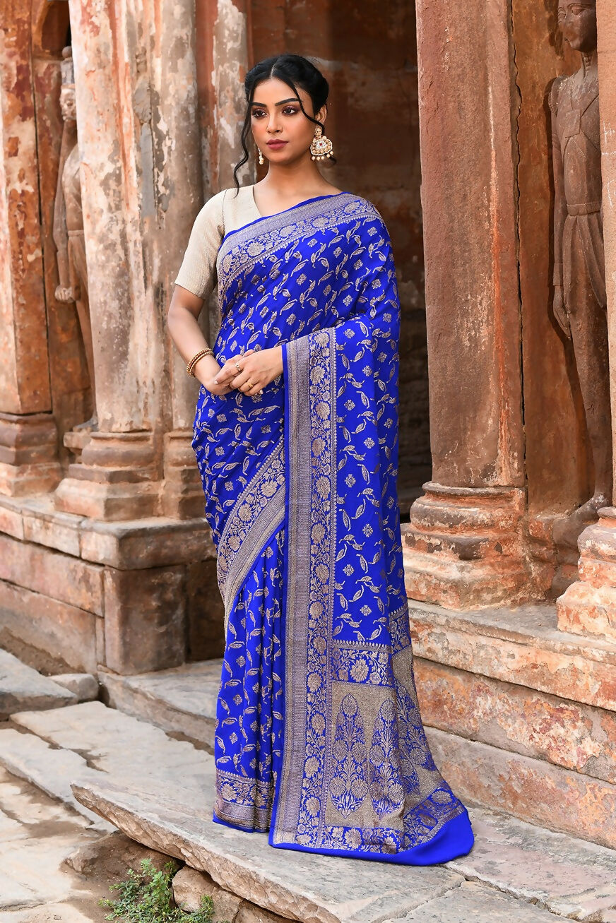 Joban Fashion Violet Crepe Chiffon Pure Handloom Banarasi Silk Saree | Swadesiicart