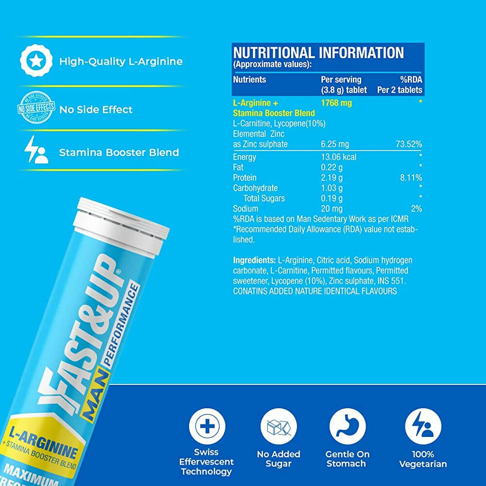 Fast&Up Man Performance-1500mg L-Arginine Effervescent Tablets-Orange Flavor - Swadesiicart
