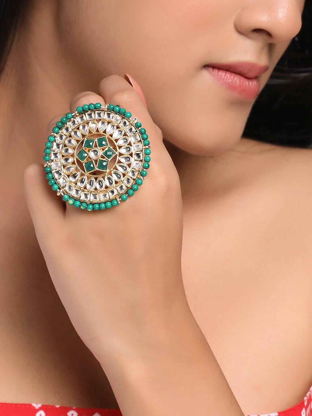 NVR Women's Traditional Ethnic Kundan Meenakari Gold-Polished Ajustable Finger Ring | Swadesiicart