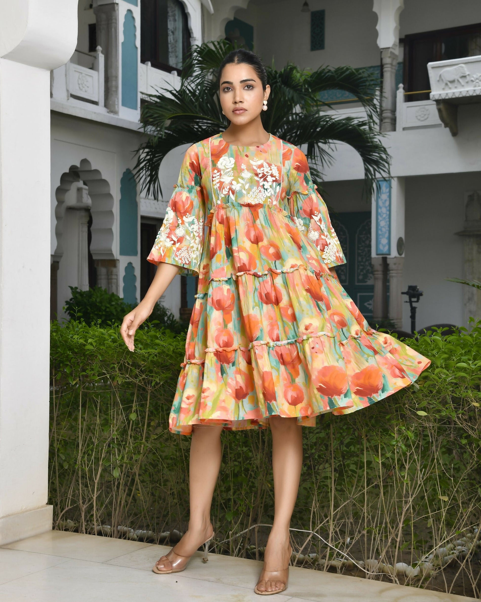 Vaasva Women's Orange Cotton Embroidered& Digital Printed Dress | Swadesiicart