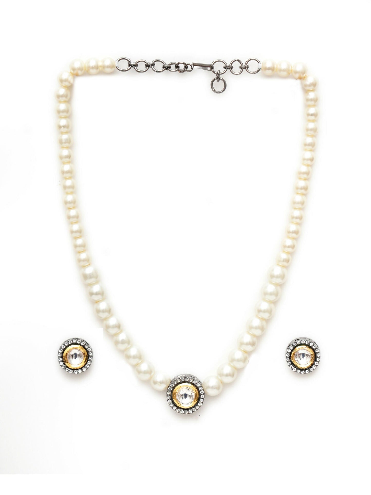 Kundan and Pearl Choker with Studs Jewellery Set (white) - Ruby Raang - Swadesiicart