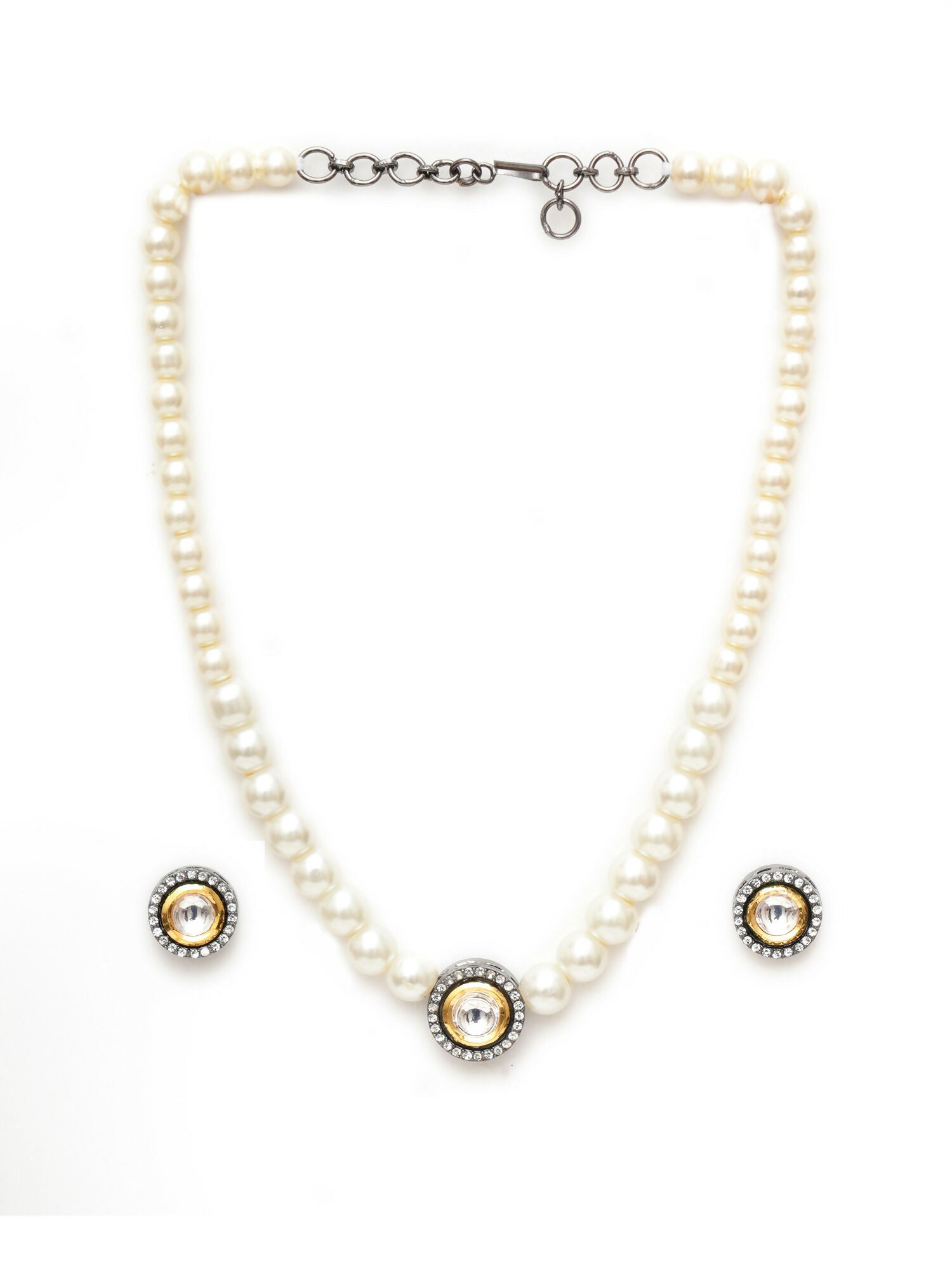 Kundan and Pearl Choker with Studs Jewellery Set (white) - Ruby Raang - Swadesiicart