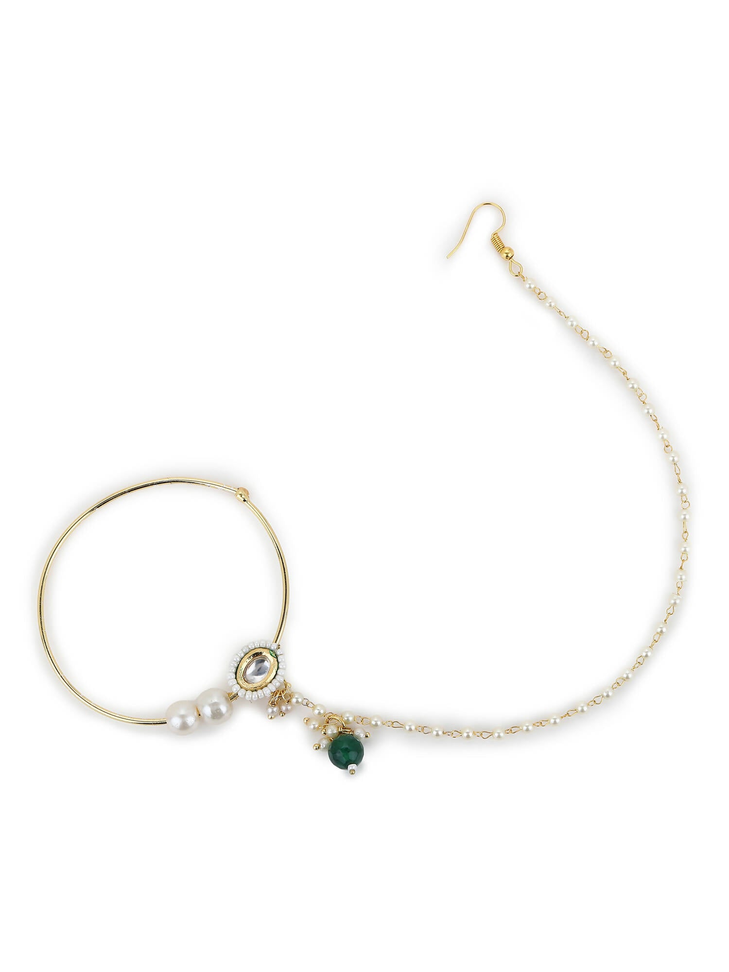 Gold-Polished White Green Kundan-Studded Pearl Beaded Nosepin - Ruby Raang | Swadesiicart