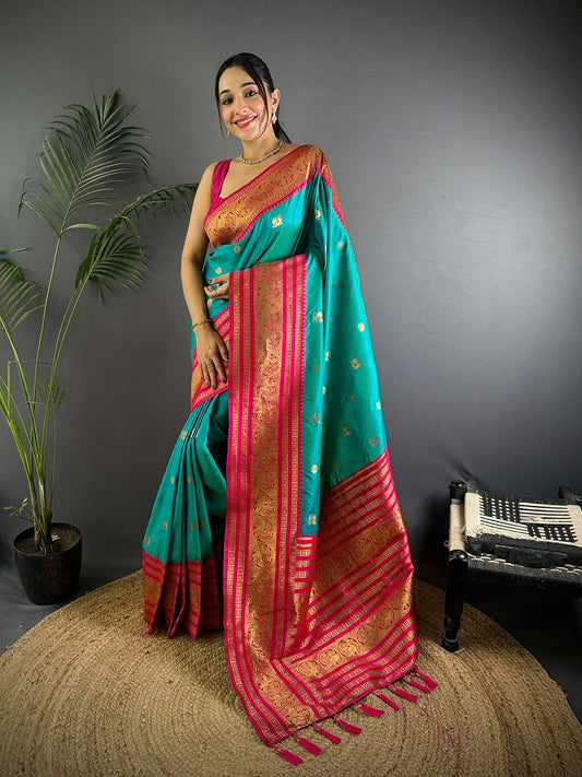 Joban Fashion Banarasi Turquoise Woven Soft Silk Saree | Swadesiicart