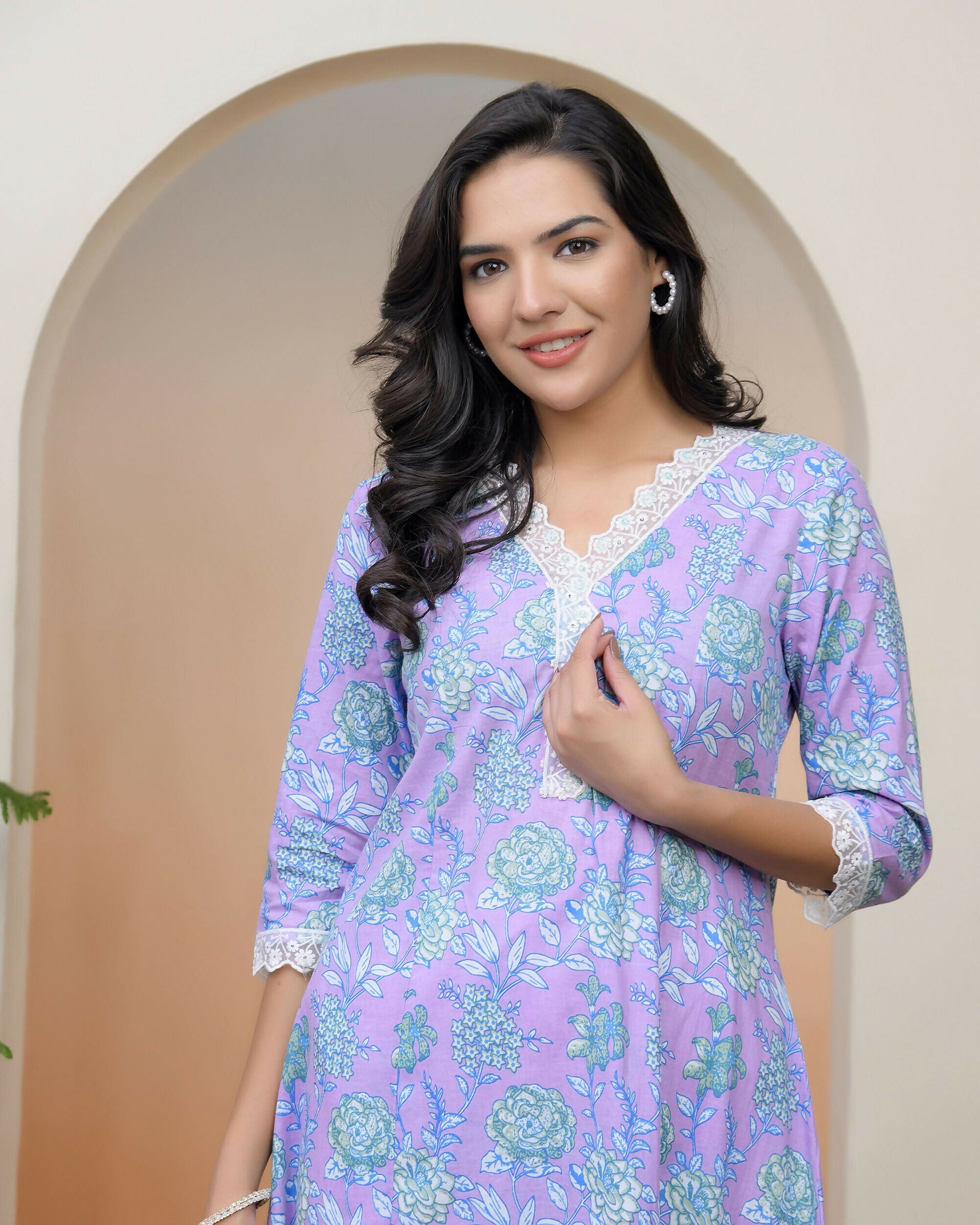 Vaasva Women Lavender Floral Cotton Printed Flare Kurti With Pant | Swadesiicart