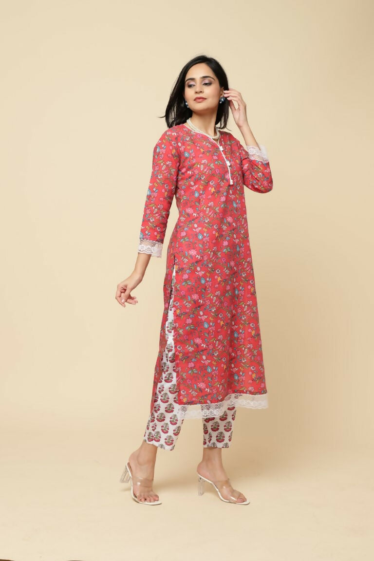 Designer Stylish Red Cotton Blend Stitched Suit With Dupatta - Tanisha | Swadesiicart