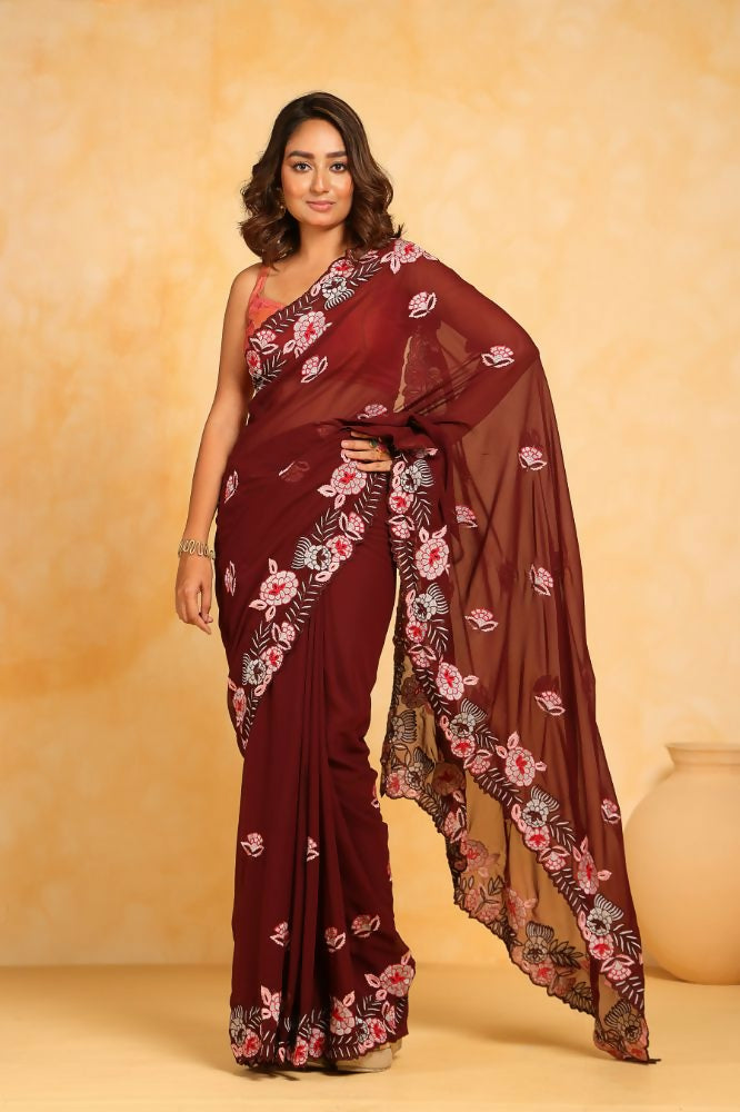 Vamsee Annie Maroon Georgette Silk Saree - Swadesiicart