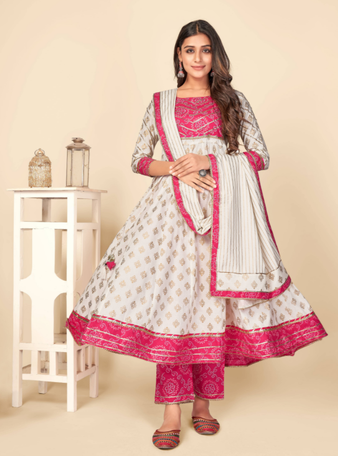 NOZ2TOZ Women's Pink & White Anarkali Kurta & Pant With Dupatta Set (3pcs Set) - Noz2Toz