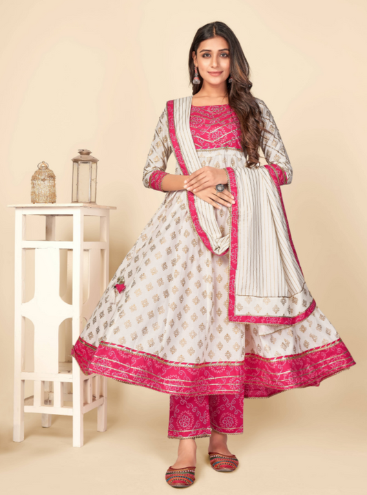 NOZ2TOZ Women's Pink & White Anarkali Kurta & Pant With Dupatta Set (3pcs Set) - Noz2Toz