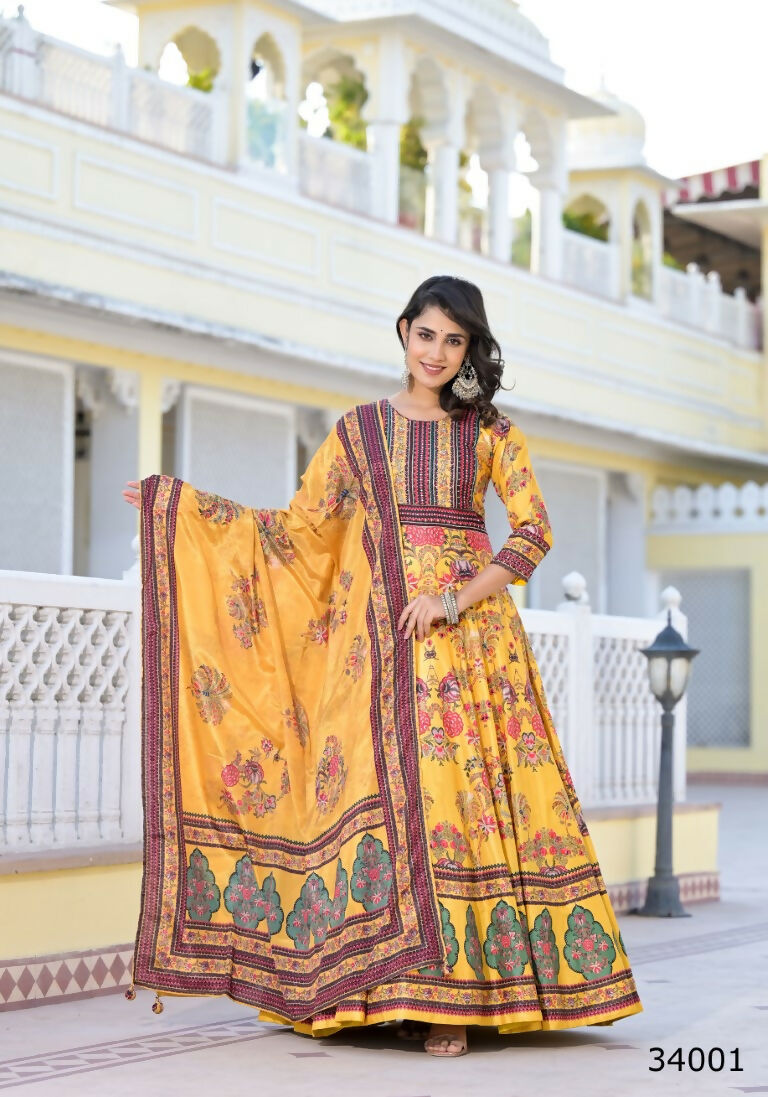 Partywear Designer Yellow Dola Silk Anarkali suit with Dupatta - Suzen - Swadesiicart