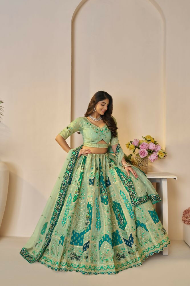 Kesar Fab Green Banarasi Silk Embroidered Lehenga | Swadesiicart