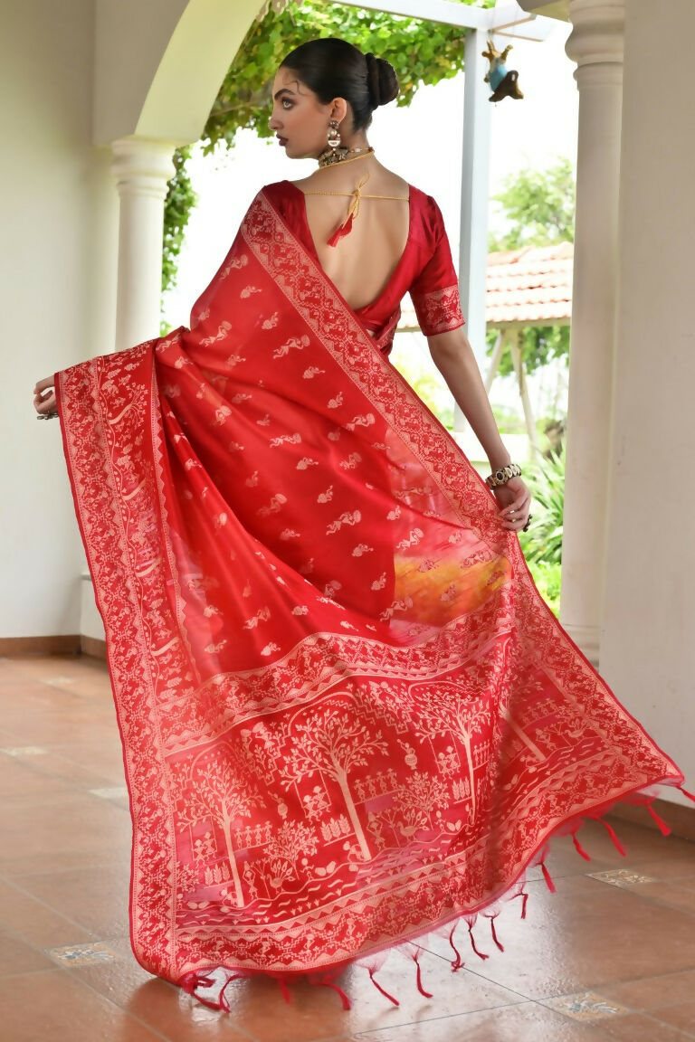 Vishnu Weaves Women's Red Handloom Raw Silk Thread Weaving Saree with Blouse - Swadesiicart