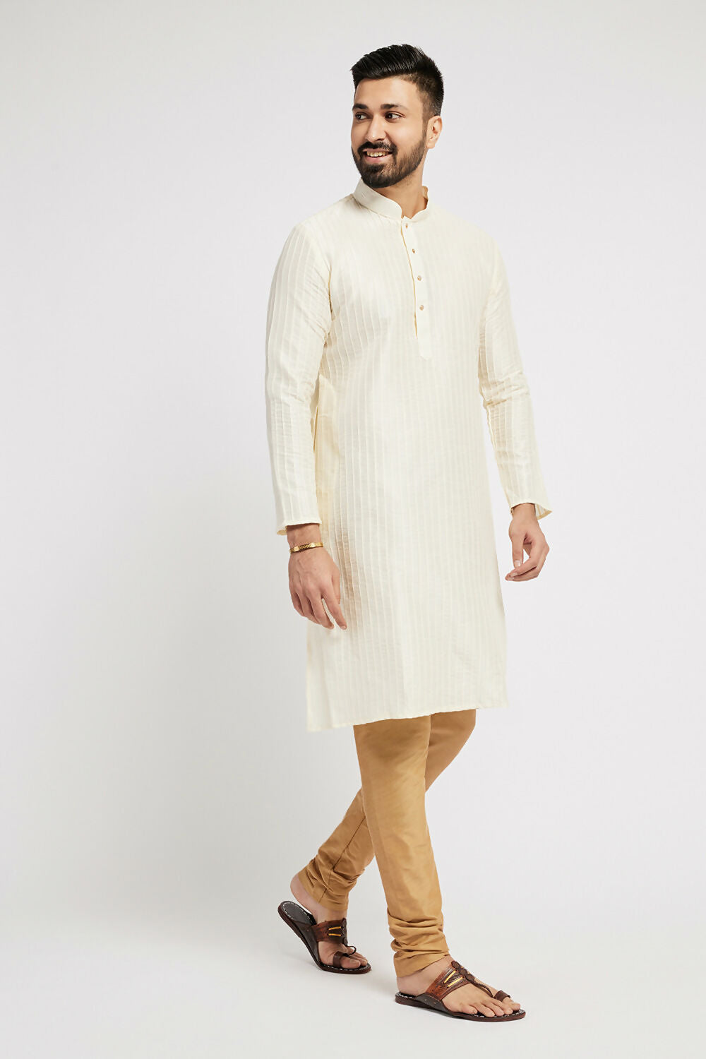 Ethnic India Cream Men's Kurta Striped Polyester | Swadesiicart