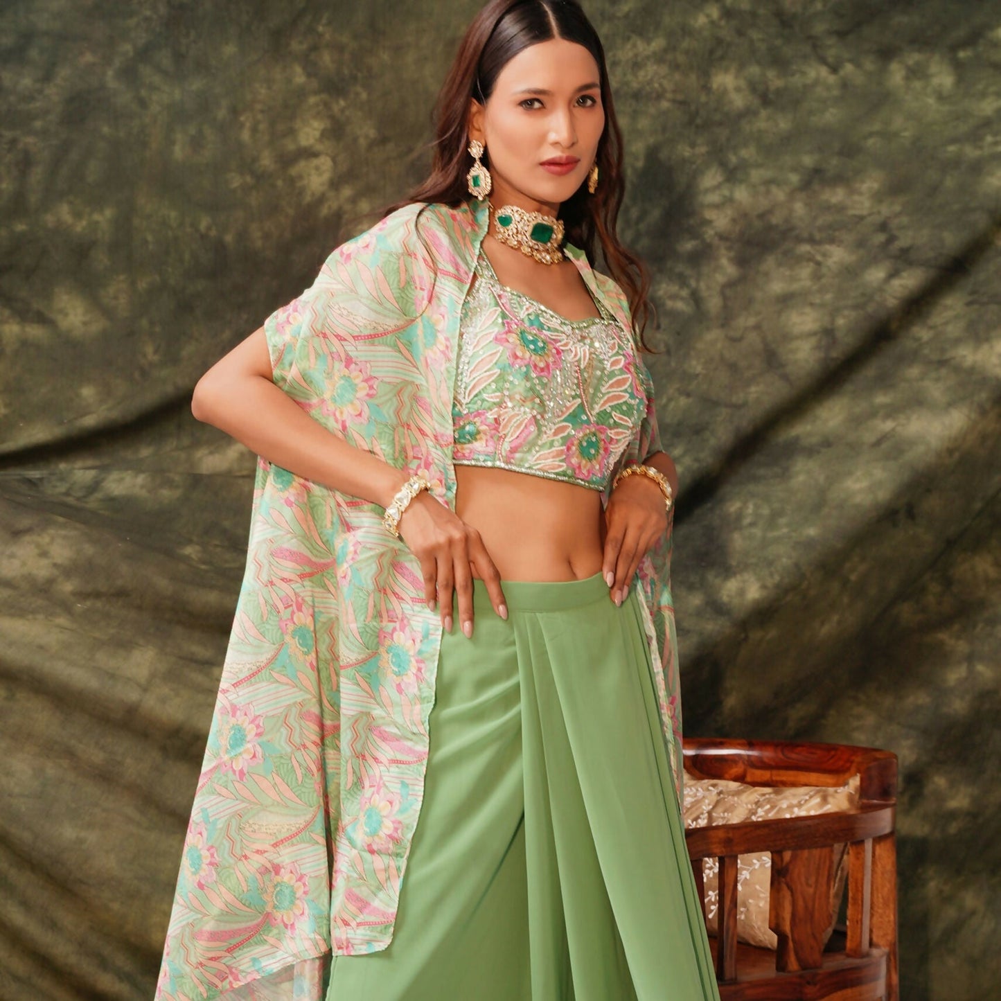 Green Pure Georgette Handwork Top with Skirt & Shrug - Naomika - Swadesiicart