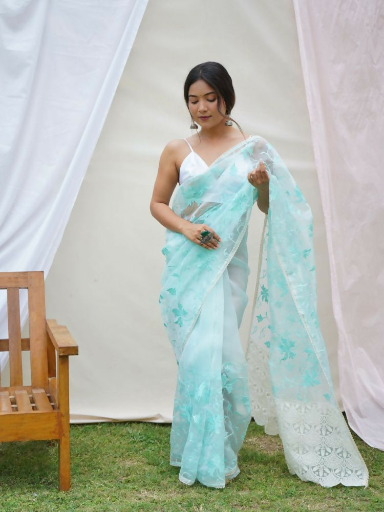 Vamsee Ishaq Sky Organza Saree - Swadesiicart