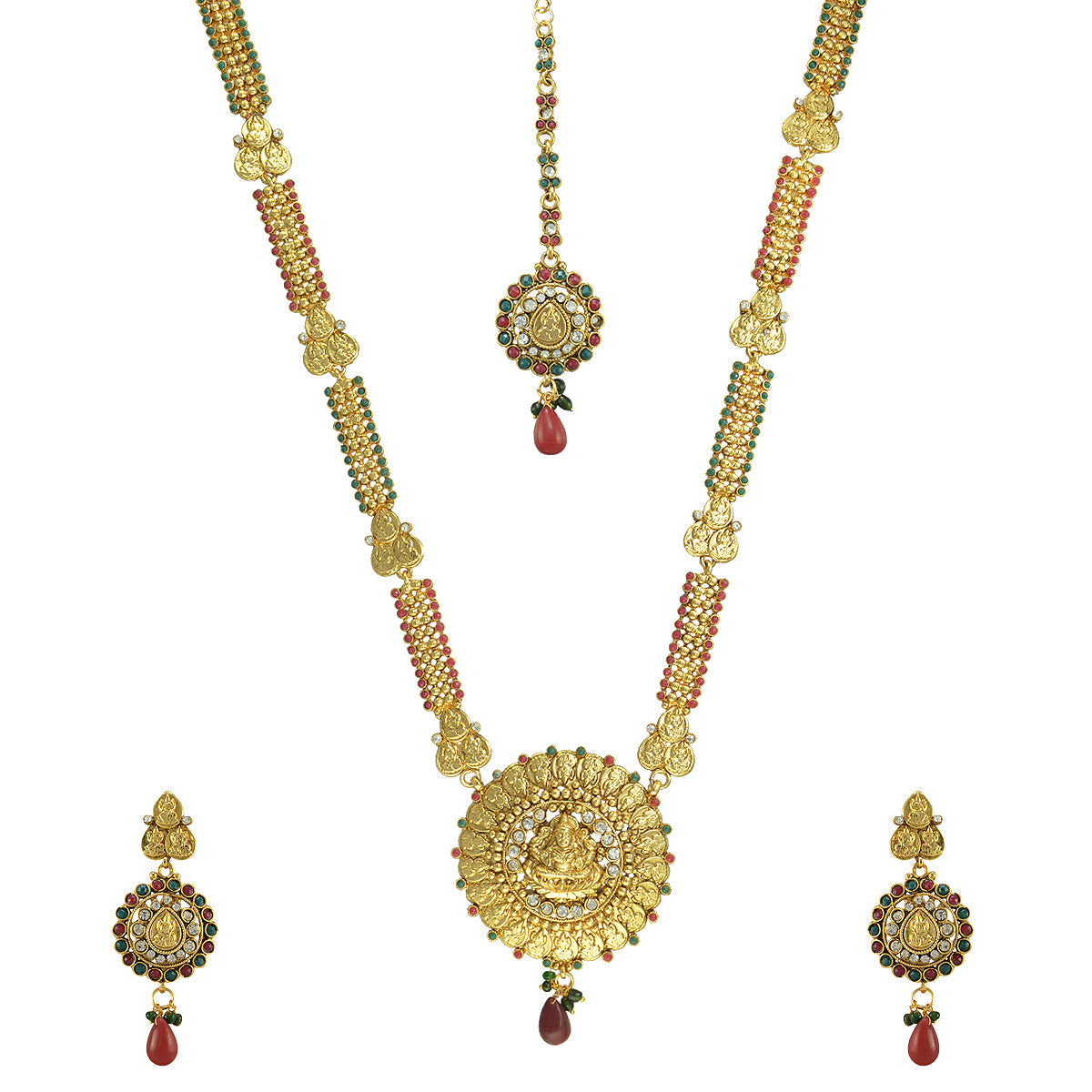 Gold-Polished Alloy Long Laxmi Pendant Necklace Set - The Pari - The Pari - Dinesh Associates