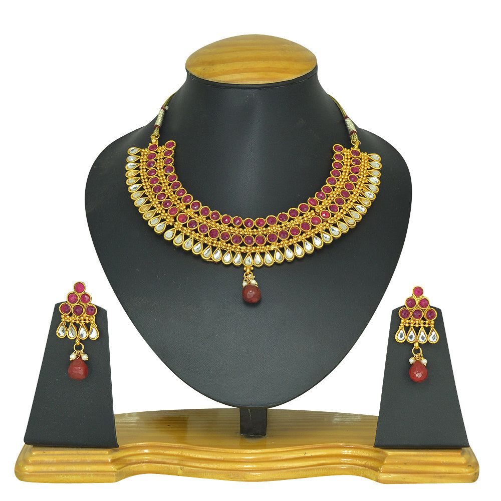 Gold-Polished Alloy Ruby Colour Stone Studded Choker Necklace Set - The Pari | Swadesiicart