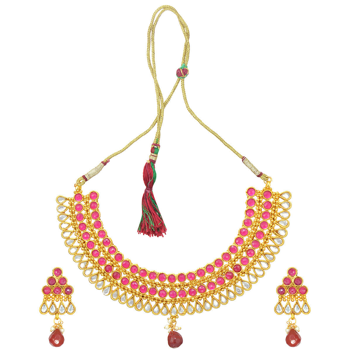 Gold-Polished Alloy Ruby Colour Stone Studded Choker Necklace Set - The Pari | Swadesiicart