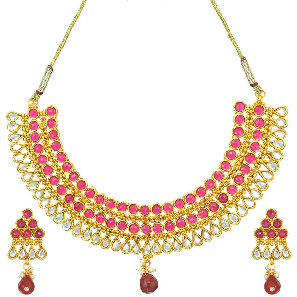 Gold-Polished Alloy Ruby Colour Stone Studded Choker Necklace Set - The Pari | Swadesiicart