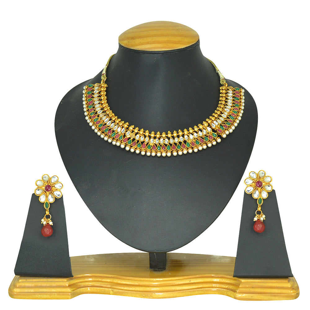 Gold-Polished Alloy Multi Stone Studded Choker Necklace Set - The Pari | Swadesiicart