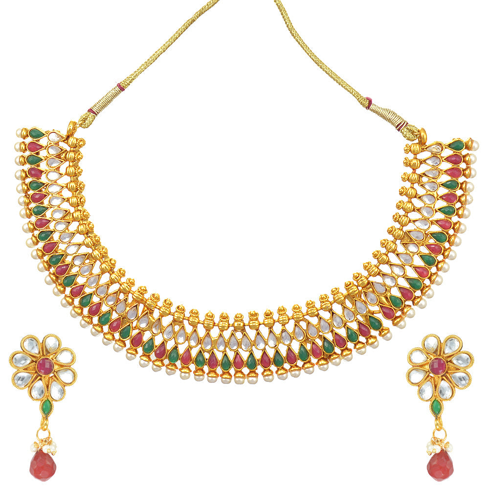 Gold-Polished Alloy Multi Stone Studded Choker Necklace Set - The Pari | Swadesiicart
