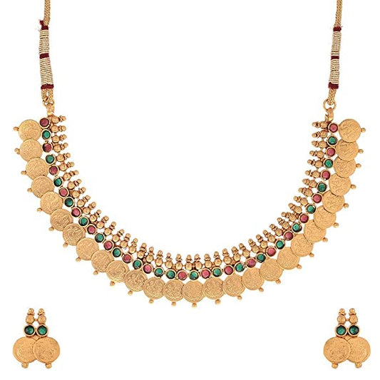 Gold-Polished Alloy Temple Jewellery Coin Sleek Choker Necklace - The Pari | Swadesiicart