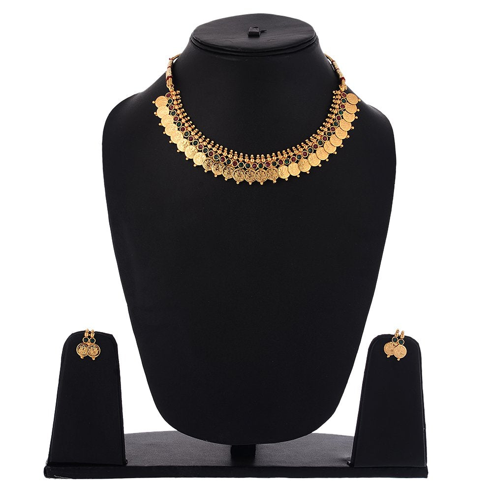 Gold-Polished Alloy Temple Jewellery Coin Sleek Choker Necklace - The Pari | Swadesiicart