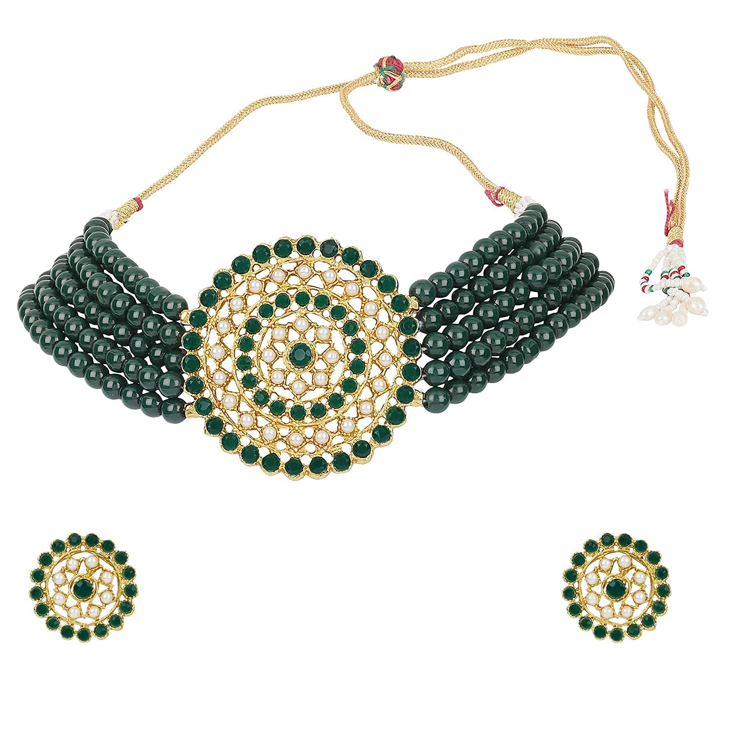 Gold-Polished Alloy Green Beaded Round Pendant Choker Necklace Set - The Pari | Swadesiicart