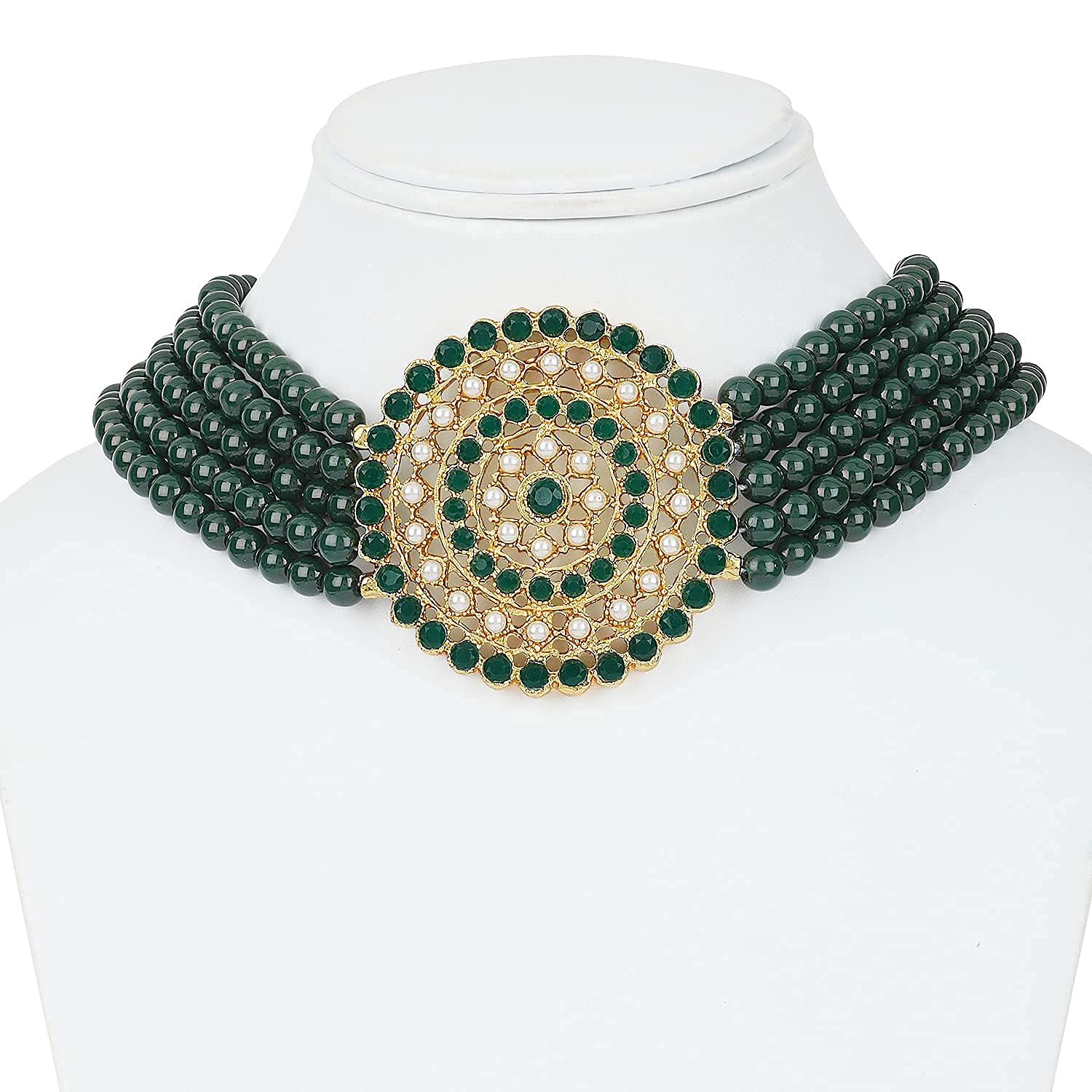 Gold-Polished Alloy Green Beaded Round Pendant Choker Necklace Set - The Pari | Swadesiicart