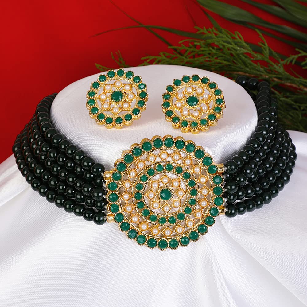 Gold-Polished Alloy Green Beaded Round Pendant Choker Necklace Set - The Pari | Swadesiicart