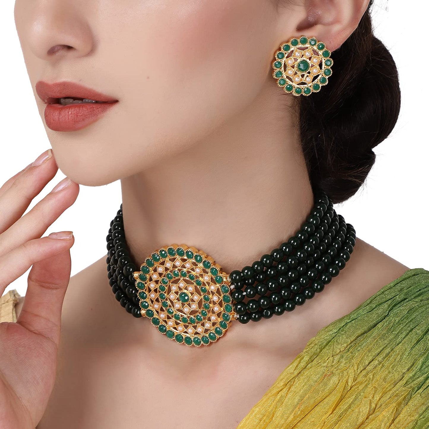 Gold-Polished Alloy Green Beaded Round Pendant Choker Necklace Set - The Pari | Swadesiicart