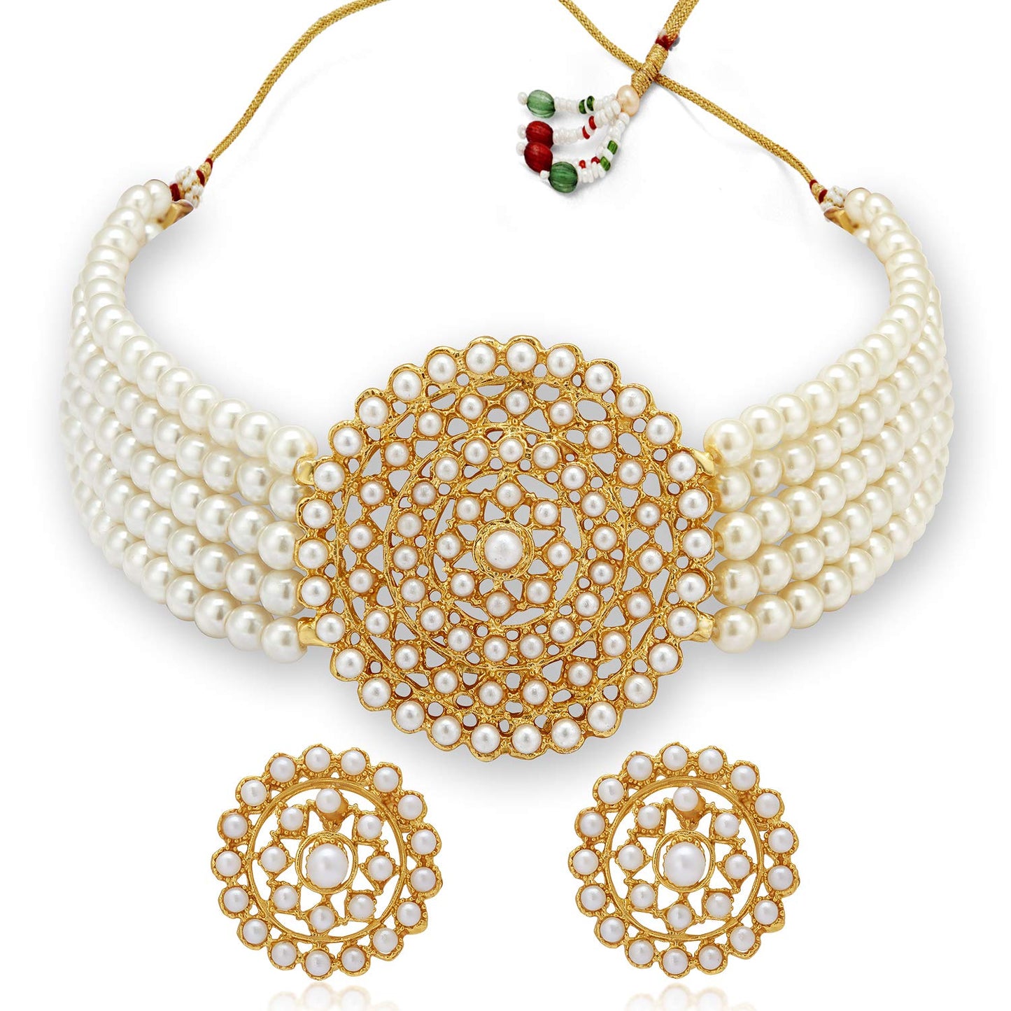 Gold-Polished Alloy Pearl Beaded Round Pendant Choker Necklace Set - The Pari | Swadesiicart