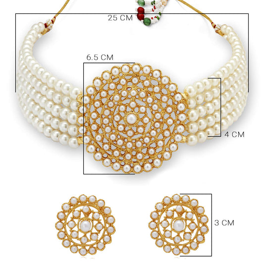 Gold-Polished Alloy Pearl Beaded Round Pendant Choker Necklace Set - The Pari | Swadesiicart