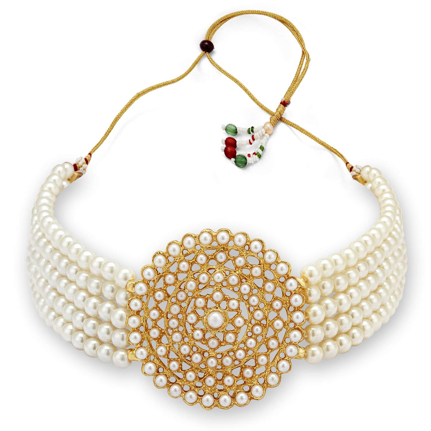 Gold-Polished Alloy Pearl Beaded Round Pendant Choker Necklace Set - The Pari | Swadesiicart