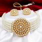 Gold-Polished Alloy Pearl Beaded Round Pendant Choker Necklace Set - The Pari | Swadesiicart