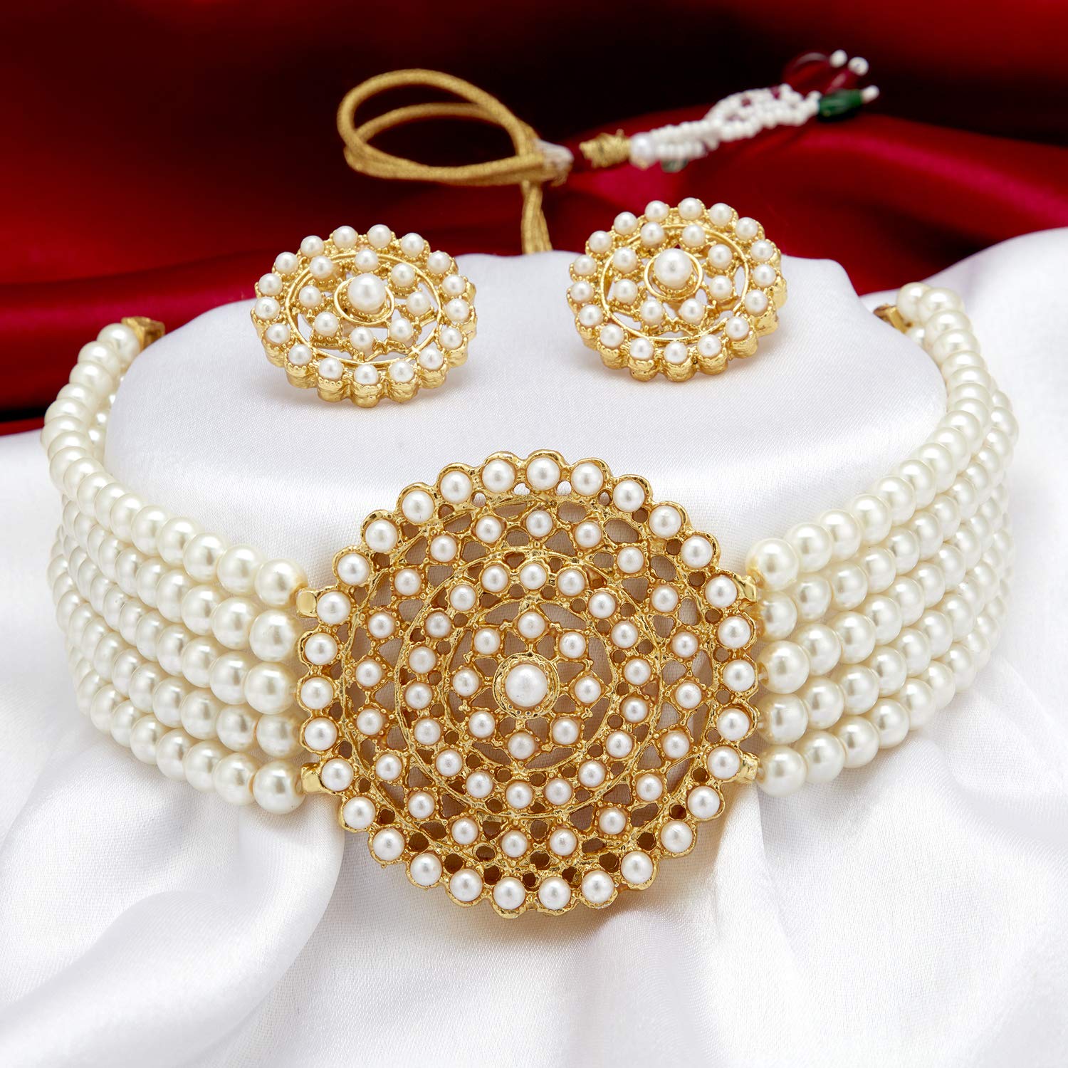 Gold-Polished Alloy Pearl Beaded Round Pendant Choker Necklace Set - The Pari | Swadesiicart