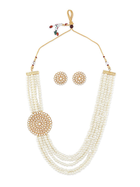 Gold-Polished Alloy Round Brooch Pearl Long Haar Necklace Set - The Pari - The Pari - Dinesh Associates
