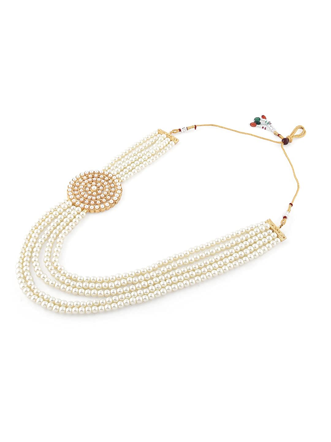 Gold-Polished Alloy Round Brooch Pearl Long Haar Necklace Set - The Pari - Swadesiicart