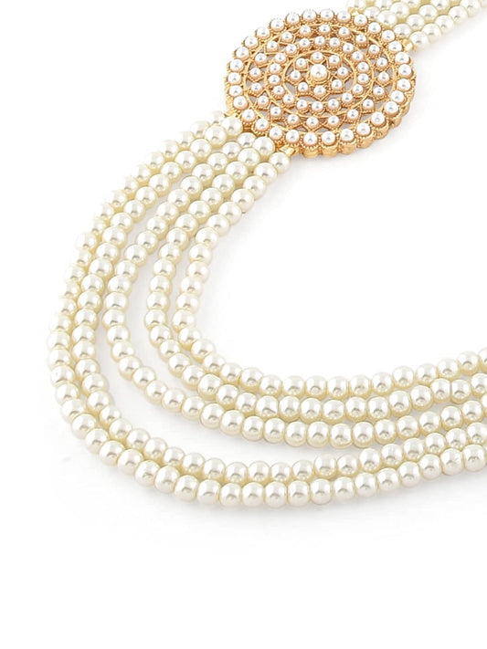Gold-Polished Alloy Round Brooch Pearl Long Haar Necklace Set - The Pari - Swadesiicart