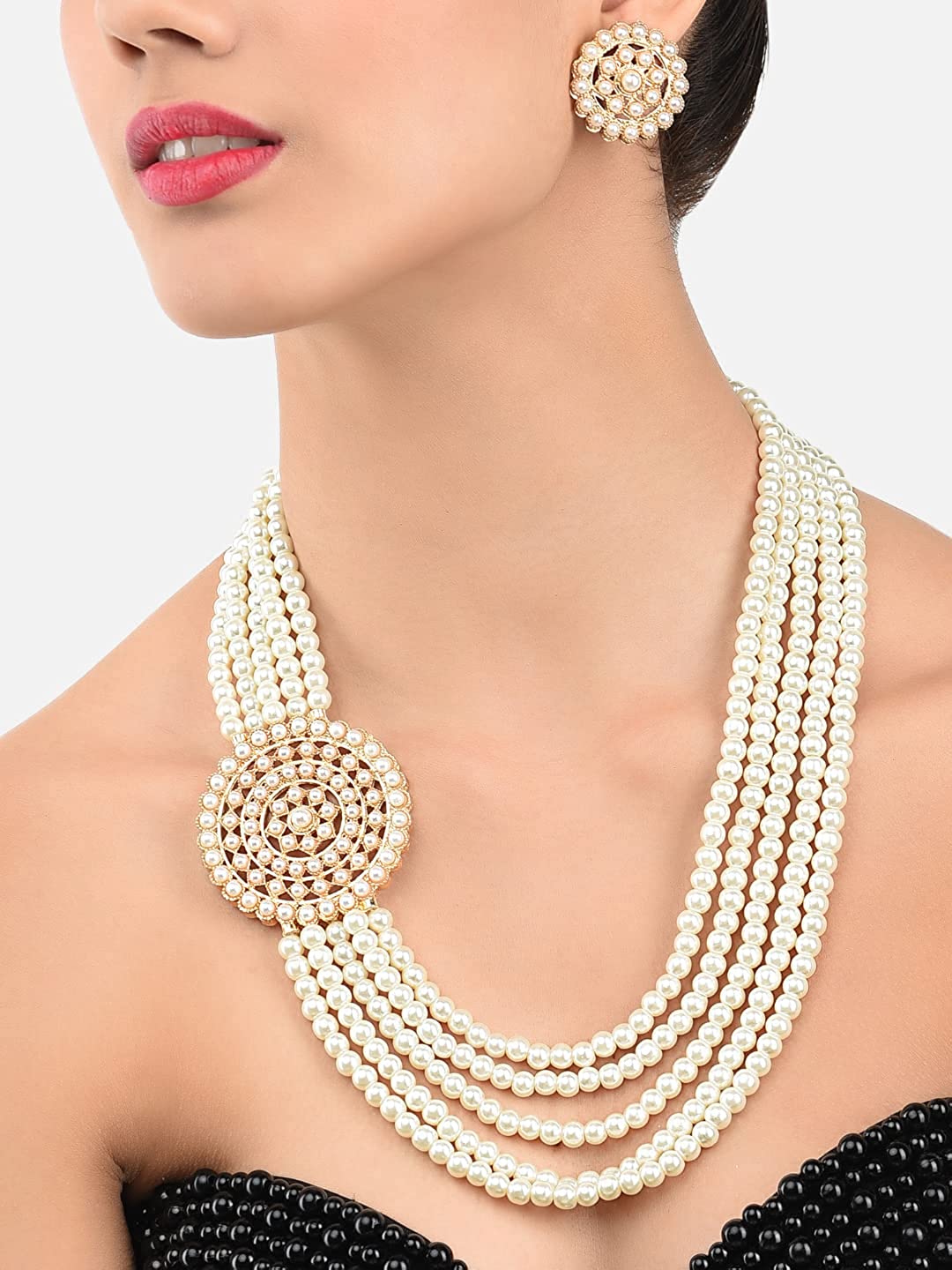 Gold-Polished Alloy Round Brooch Pearl Long Haar Necklace Set - The Pari - Swadesiicart