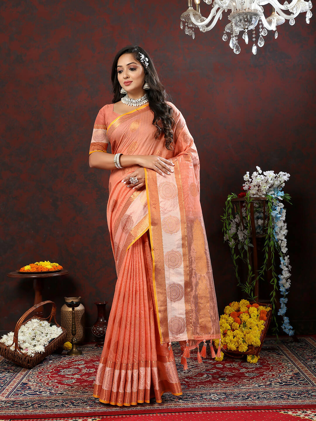 Lorenvalley Fashion Peach Cotton with Woven Design Zari Weaving Saree - Swadesiicart
