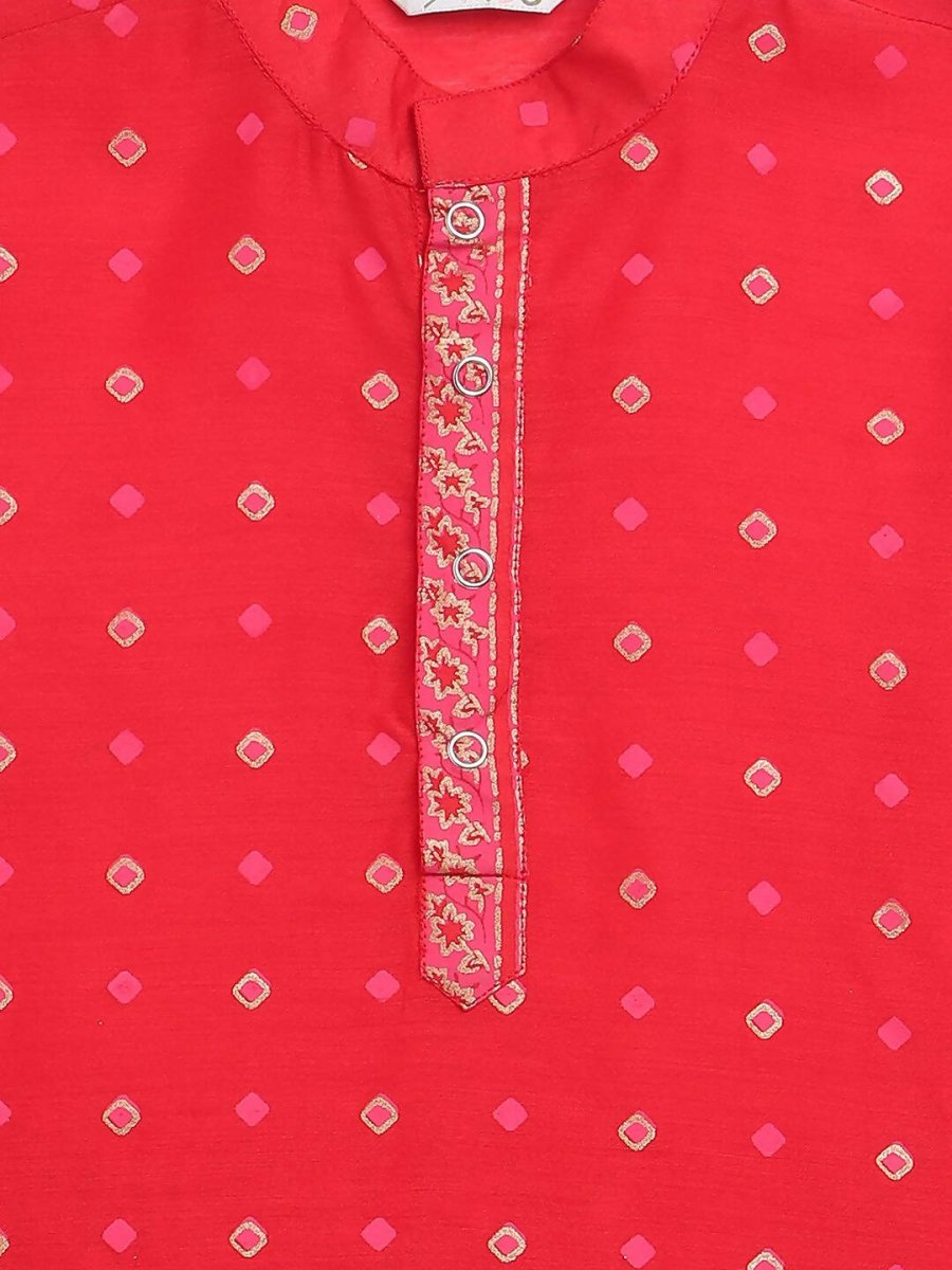 Ahalyaa Red Chnaderi Gold Khari Print Kids Kurta Churidar Set For Boys | Swadesiicart