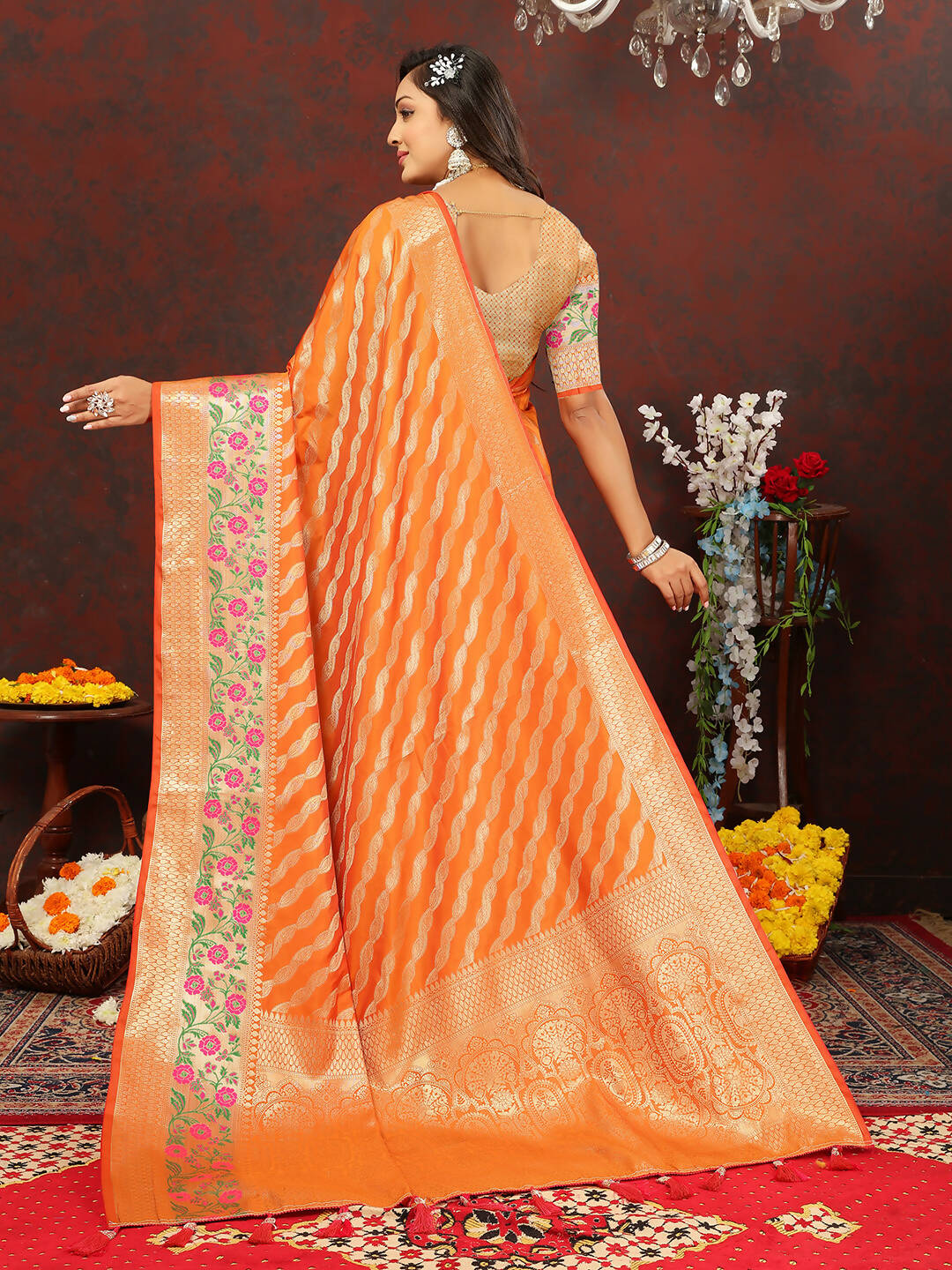 Lorenvalley Fashion Orange Soft Silk Woven Design with Zari Weaving Leheriya Design Saree - Swadesiicart