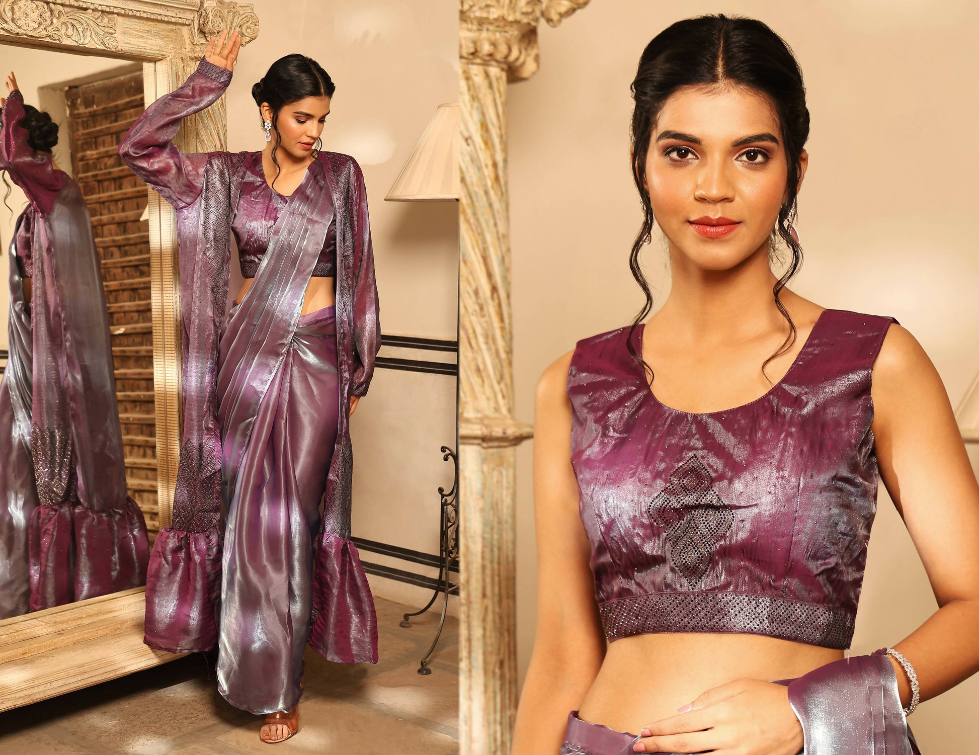 Lavender Tom Silk Plain Ready To Wear Saree With Stitched Blouse - Satiksha | Swadesiicart