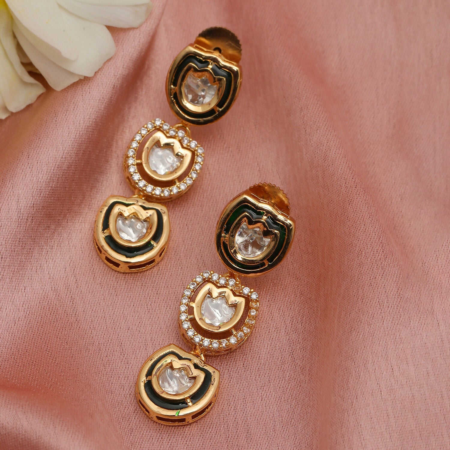 Meenakari and Diamond Studded Dangler Earrings (Gold) - Ruby Raang | Swadesiicart