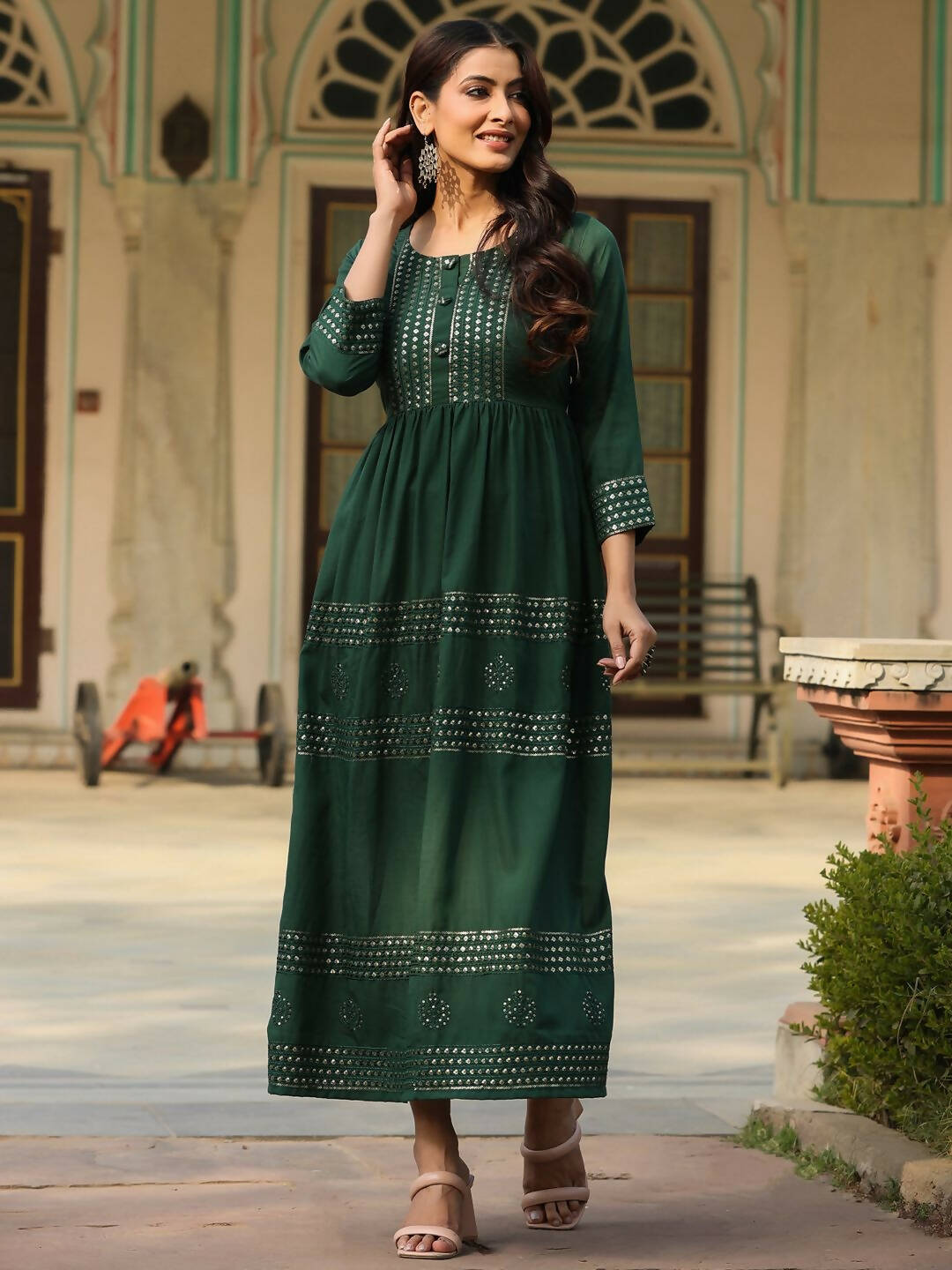 Juniper Women's Green Festive Embroiderd Flared Dress | Swadesiicart