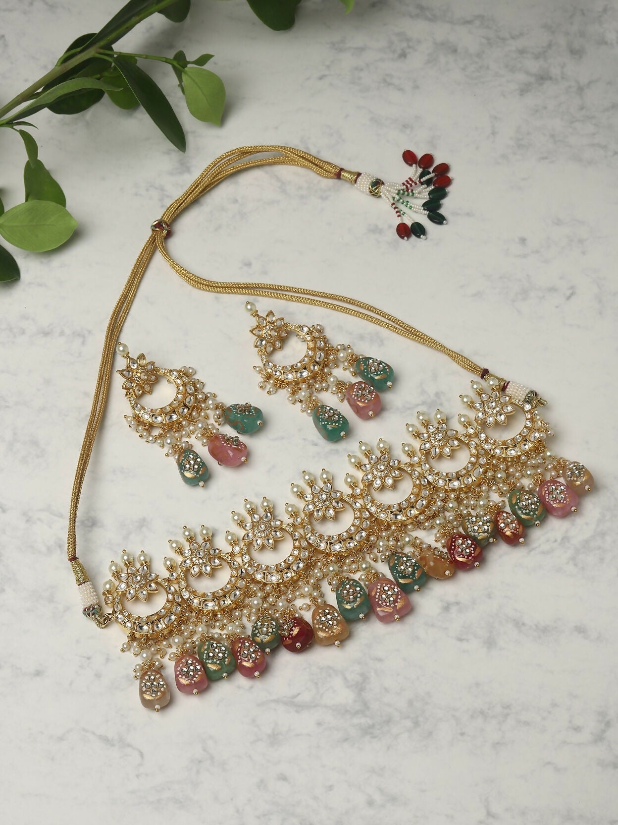 Maharani Kundan Choker with Multi Stones and Earrings- Ruby Raang | Swadesiicart