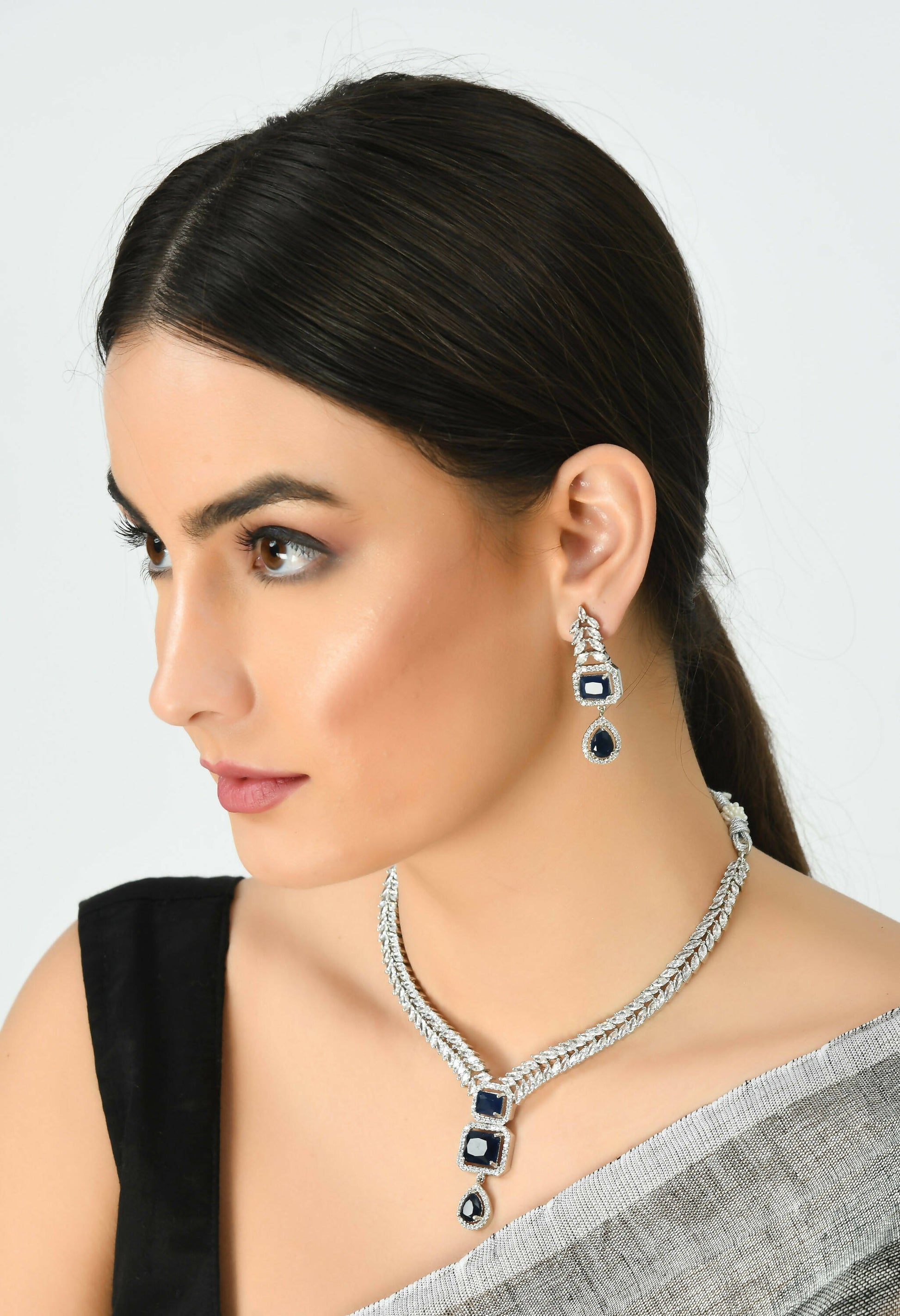 Mominos Fashion Johar Kamal Silver-Plated American Diamond Navy Blue Choker Set | Swadesiicart
