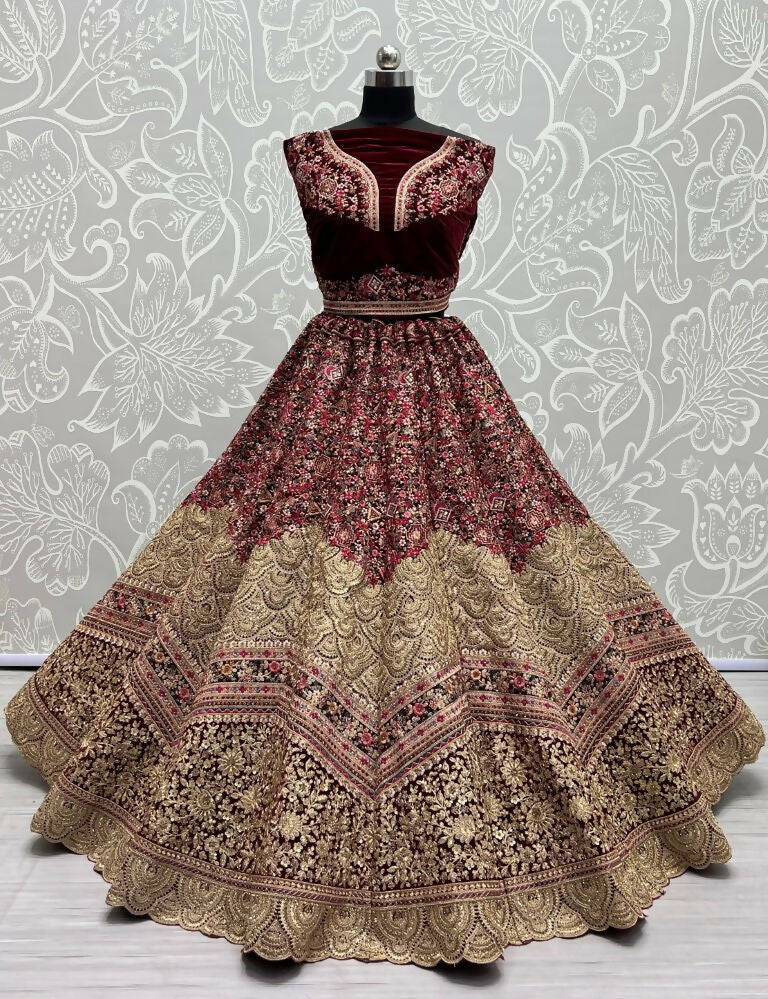Jyoti Fashion Women's Maroon Velvet Fancy Dori & Sequins Multi Thread Embroidered with Diamond Work Wedding Lehenga Choli | Swadesiicart