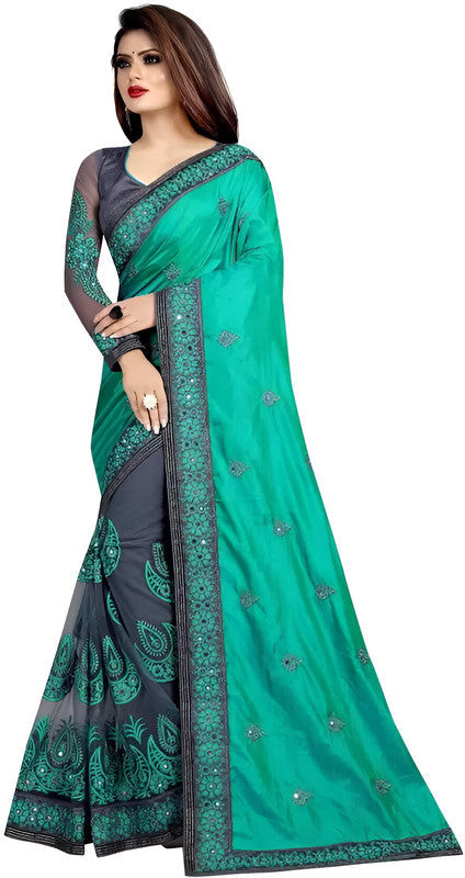 Dishitha Creation Indian Women's Designer Embroidered Art Silk Saree - Green | Swadesiicart